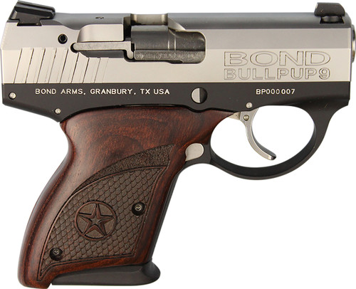 Bond Arms BABP BullPup9  Micro-Compact Frame 9mm Luger 7+1, 3.35" Stainless Steel Barrel, Stainless Serrated Steel Slide, Black Aluminum Frame, Engraved Rosewood Grips