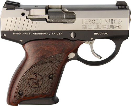 Bond Arms BABP BullPup9  Micro-Compact Frame 9mm Luger 7+1, 3.35" Stainless Steel Barrel, Stainless Serrated Steel Slide, Black Aluminum Frame, Engraved Rosewood Grips