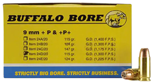 Buffalo Bore Ammunition 24D20 Personal Defense Strictly Business 9mmLuger +P 115gr Jacket Hollow Point 20 Per Box/12 Case