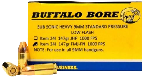 Buffalo Bore Ammunition 24J20 Subsonic Strictly Business 9mmLuger 147gr Full Metal Jacket Flat Nose 20 Per Box/12 Case