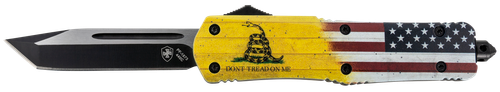 Templar Knife LDTOM231 Gen II Don't Tread On Me Large 3.50" OTF Tanto Plain Black Oxide Stonewashed 440C SS Blade, 5.25" Yellow w/Flag & "Don't Tread On Me" Aluminum Handle, Glass Breaker