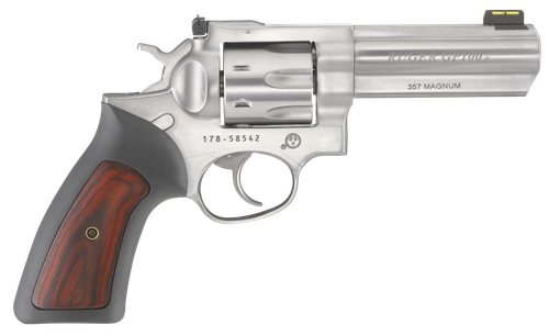 Ruger 1771 GP100  357 Mag 7 Shot, 4.20" Satin Stainless Steel Barrel, Satin Stainless Cylinder, Satin Stainless Steel Frame, Black Rubber w/Wood Insert Grip, Exposed Hammer