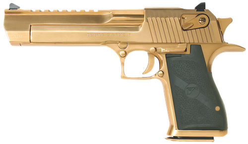 Magnum Research DE50TG Desert Eagle Mark XIX 50 AE Caliber with 6" Picatinny Rail Barrel, 7+1 Capacity, Overall Titanium Gold Finish Carbon Steel, Beavertail Frame, Serrated Slide & Black Rubber Grip