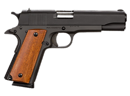 Rock Island 51421MA GI Standard FS *MA Compliant 45 ACP Caliber with 5" Barrel, 8+1 Capacity, Overall Black Parkerized Finish Steel, Beavertail Frame, Serrated Slide & Wood Grip