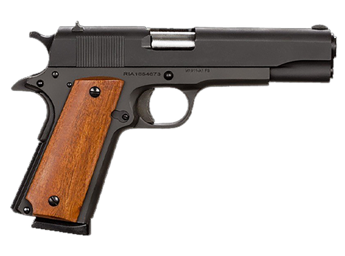 Rock Island 51421MA GI Standard FS *MA Compliant 45 ACP Caliber with 5" Barrel, 8+1 Capacity, Overall Black Parkerized Finish Steel, Beavertail Frame, Serrated Slide & Wood Grip