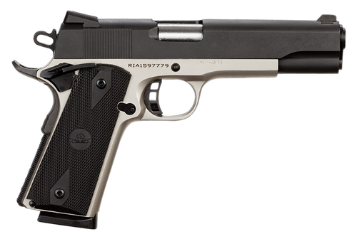 Rock Island 51447 Rock Standard FS 45 ACP Caliber with 5" Barrel, 8+1 Capacity, Nickel Finish Steel Beavertail Frame, Serrated Black Parkerized Steel Slide & Black Rubber Grip