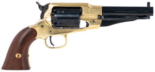 Pietta PF58BRE44512 1858 Sheriff 44 Cal 5.50" 6rd Brass Frame Engraved Brass Frame, Blued Engraved Cylinder, Blued Engraved Steel, Barrel Walnut Grip
