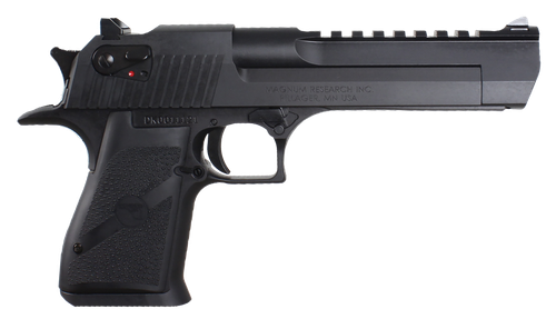 Magnum Research DE50 Desert Eagle Mark XIX 50 AE Caliber with 6" Picatinny Rail Barrel, 7+1 Capacity, Overall Black Finish Carbon Steel, Beavertail Frame, Serrated Slide & Rubber Grip