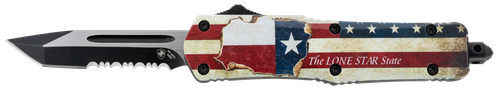 Templar Knife STX531 Gen II Texan Small 2.25" OTF Tanto Part Serrated Black Oxide Stonewashed 440C SS Blade, 4.31" Texas Flag Aluminum Handle, Glass Breaker