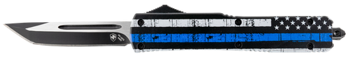 Templar Knife MBTB231 Gen II Back The Blue Slim 3.43" OTF Tanto Plain Black Oxide Stonewashed 440C SS Blade, 5.05" 4.31" Black & White w/Blue Line Aluminum Handle, Glass Breaker