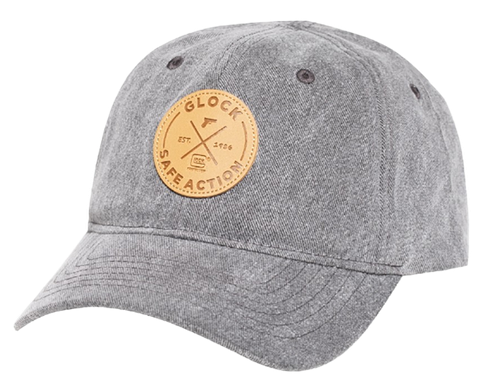 Glock AP95882 Safe Action Patch  Hat, Distressed Gray Denim, Relaxed Fit w/Adjustable Metal Back, Leather-Like Glock Patch