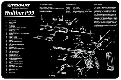 TekMat TEKR17WALP99 Walther P99 Cleaning Mat Black/White Rubber 11"x17" Walther P99 Parts Diagram