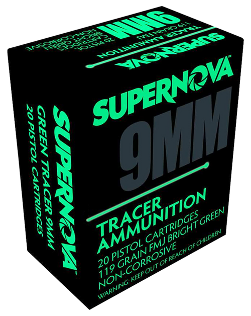 Supernova PMSN9MMG Green Tracer Non Corrosive 9mm Luger 119 Gr Full Metal Jacket 20 Per Box/ 50 Cs