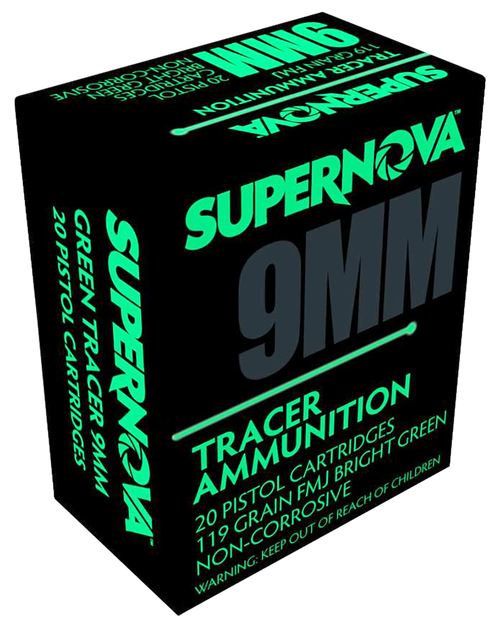Supernova PMSN9MMG Green Tracer Non Corrosive 9mm Luger 119 Gr Full Metal Jacket 20 Per Box/ 50 Cs