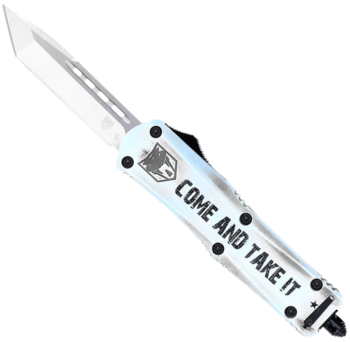 CobraTec Knives SCATIFS3TNS FS-3 Come And Take It Small 3" OTF Tanto Plain Satin D2 Steel Blade, 4.50" White "Come And Take It" Aluminum Cerakoted Handle