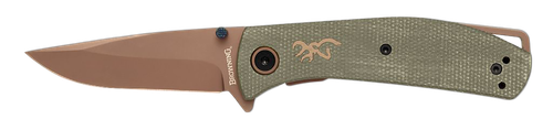 Browning 3220516B Trailside  EDC Small 3" Folding Modified Drop Point Plain Titanium Finish D2 Steel Blade, Green Micarta Handle, Boxed Pkg