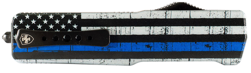 Templar Knife SABTB32 Premium LW We Back You Small 3" OTF Drop Point Plain Black Oxide Stonewashed D2 Steel Blade, 4.50" Black & White w/Blue Line Aluminum Handle