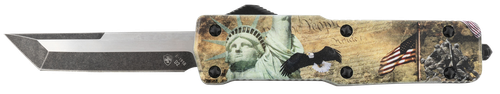 Templar Knife SZLIB221 Premium Weighted Liberty Small 3" OTF Tanto Plain Black Oxide Stonewashed D2 Steel Blade, 4.50" Gold w/Statue of Liberty/Flag/Eagle Aluminum Zinc Alloy Handle