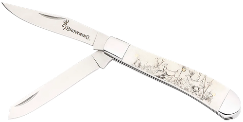 Browning 3220578B Trapper Whitetail Folding Clip Point/Spey Plain Satin 12C27 Sandvik SS Blade, Engraved Wildlife Scene Natural Bone Handle, Box Packaging
