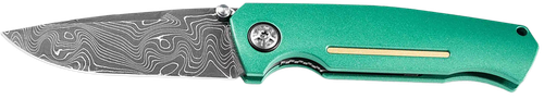 Boker 111102DAM   3.22" Drop Point Plain Damascus Blade Green Aluminum Handle