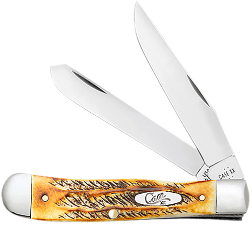 Case 65345 Trapper  3.25" Folding Clip Point/Spey Plain Mirror Polished Tru-Sharp SS Blades, Burnt Dark Amber 6.5 BoneStag Handle, Includes Pocket Clip