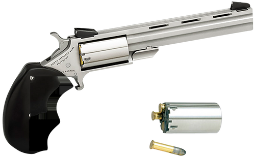 North American Arms MMC Mini-Master *CA Compliant 22 LR or 22 WMR 5rd 4" Vent Rib Barrel, Overall Stainless Steel Finish & Finger Grooved Black Rubber Grip Includes Cylinder
