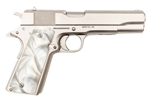Rock Island 56418 GI Standard FS *CA Compliant 45 ACP Caliber with 5" Barrel, 8+1 Capacity, Overall Matte Nickel Finish Steel, Beavertail Frame, Serrated Slide & Mother of Pearl Grip