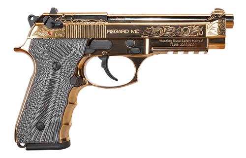 EAA GIRSAN 390088 Regard MC Deluxe 9mm Luger 18+1, 4.90" Stainless Steel Barrel, Gold Plated Serrated w/Engraving Steel Slide & Aluminum Frame w/Picatinny Rail, Black G10 Grip, Ambidextrous