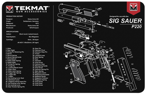 TekMat TEKR17SIGP220 Sig Sauer P220 Cleaning Mat Black/White Rubber 11"x17" Sig Sauer P220 Parts Diagram
