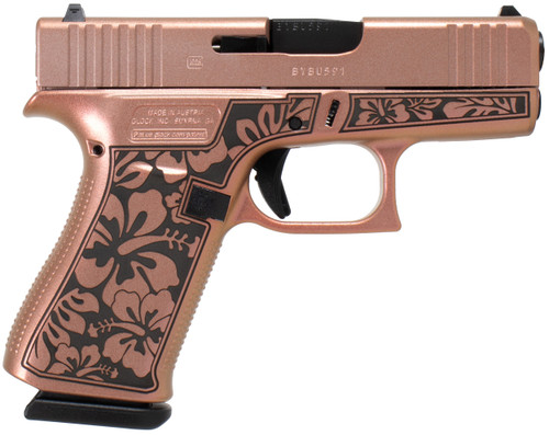 Glock UI4350204HIBCHIM G43 Gen3 Sub-Compact Frame 9mm Luger 6+1 3.41" Black Steel Barrel, Chimera Cerakote Serrated Steel Slide, Chimera w/Hibiscus Cerakote Polymer Frame, Right Hand