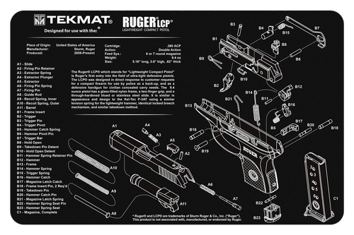 TekMat TEKR17RUGERLCP Ruger LCP Cleaning Mat Black/White Rubber 11"x17" Ruger LCP Parts Diagram