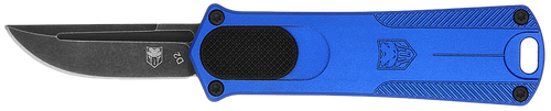 CobraTec Knives CALI952BLUDNS California 952 *CA Compliant 1.75" OTF Drop Point Plain Black Stonewashed D2 Steel Blade, 3" Blue Anodized Aluminum Handle