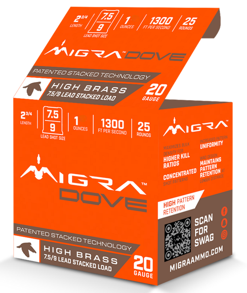 Migra Ammunitions M20LF7.59  Dove 20Gauge 2 3/4" 1oz 7.5/9Shot 25 Per Box/10 Case