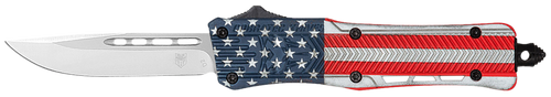 CobraTec Knives SUSACTK1SDNS CTK-1 American Flag Small 2.75" OTF Drop Point Plain D2 Steel Blade, 4.25" Red/White/Blue Flag Cerakote Aluminum Alloy Handle