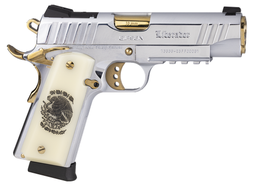 Girsan 391620 MC1911 C Liberador Compact 10mm Auto 4.40" Polished Gold PVD Barrel, Polished Chrome w/Gold Controls Serrated slide & Frame w/Beavertail & Picatinny Rail, Pearl Grip