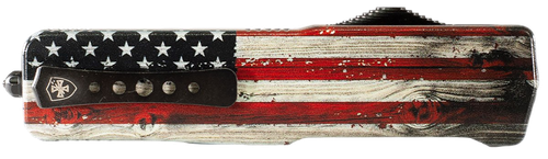 Templar Knife MZWUS121 Premium Weighted  Small 3" OTF Dagger Plain Black Oxide Stonewashed Powder Coated D2 Steel Blade, 4.50" Painted Wood Grain US Flag Aluminum Zinc Alloy Handle