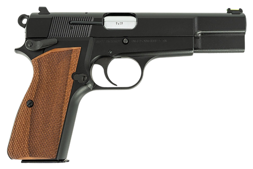 Inglis 12000009 P-35  Full Size Frame 9mm Luger 15+1 4.70" Hard Chrome Plated Button Rifled Barrel, Black Cerakote Steel Serrated Slide, Black Cerakote Steel Frame, Walnut Checkered Grip