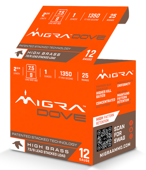 Migra Ammunitions M12LF7.59  Dove 12Gauge 2 3/4" 1oz 7.5/9Shot 25 Per Box/10 Case