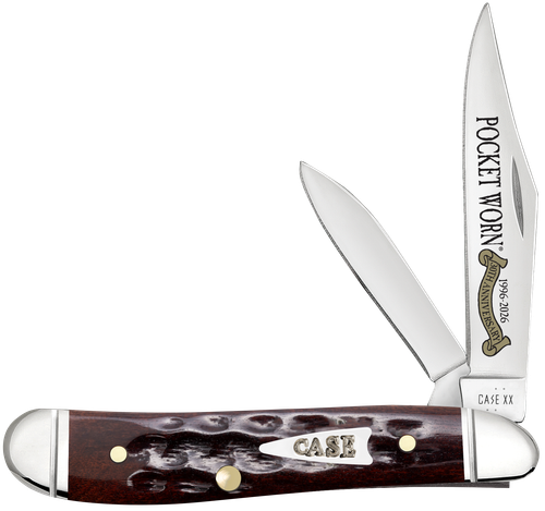 Case 55234 Pocket Worn Peanut Folding 2.26" Clip Point/1.50" Pen Plain Tru-Sharp SS Blade, Mahogany Corn Cob Jigged Bone Handle