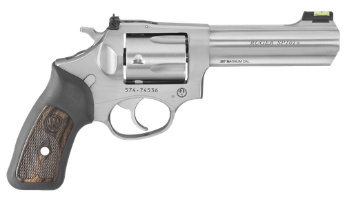 Ruger 5771 SP101  357 Mag 5rd 4.20" Satin Stainless Steel Barrel, Cylinder & Frame, Black Rubber w/Wood Insert Grip, Transfer Bar Safety, Exposed Hammer