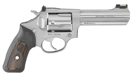 Ruger 5771 SP101  357 Mag 5rd 4.20" Satin Stainless Steel Barrel, Cylinder & Frame, Black Rubber w/Wood Insert Grip, Transfer Bar Safety, Exposed Hammer
