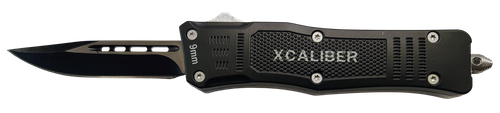 Xcaliber Knife Company  9mm  Small 2.75" OTF Drop Point Black 440C SS Blade, 3.91" Steel Handle