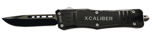 Xcaliber Knife Company  9mm  Large 3.80" OTF Drop Point Black 440C SS Blade, 5.30" Steel Handle