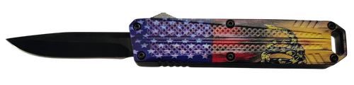 Xcaliber Knife Company  Don't Tread on Me  Small 2.75" OTF Drop Point Plain Black 440C SS Blade, 4.15" US Flag Aluminum Handle