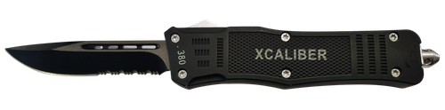 Xcaliber Knife Company  380 ACP  Large 3.80" OTF Part Serrated Black 440C SS Blade, 5.30" Steel Handle