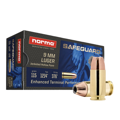 Norma Ammunition 610540050  Safeguard 9mmLuger 115gr Jacketed Hollow Point 50 Per Box/20 Case