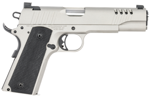 Auto-Ordnance 1911TCAC6 1911 A1  45 ACP 7+1 5" Savage Silver Cerakoate, Serrated/Ported Slide,  Black Rubber Grips, Fixed 3-Dot Combat Day Sights