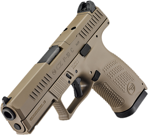 CZ-USA 91577 P-10 C  Compact Frame 9mm Luger 15+1 4.02" Black Stainless Steel Barrel, Black Nitride Serrated Steel Slide, Flat Dark Earth Polymer Frame w/Picatinny Rail, Interchangeable Backstrap Grip