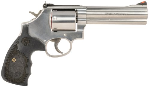 Smith & Wesson 150854 Model 686 Plus 38 S&W Spl +P, 357 Mag 7rd 5" Stainless Steel Barrel & Cylinder Satin Stainless Steel Frame with Black & Silver Custom Wood Grip & Red Ramp Front Sight