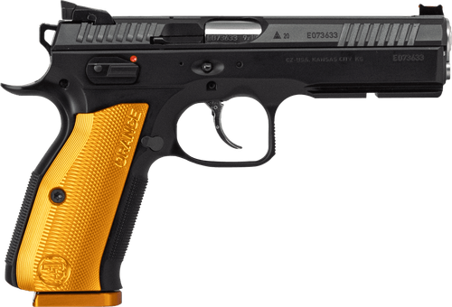 CZ-USA 91248 Shadow 2  9mm Luger 17+1 4.89" Stainless Steel Barrel, Black Nitride Optic Cut/Serrated Slide, Black Steel Frame w/Beavertail & Picatinny Rail, Orange Checkered Aluminum Grip